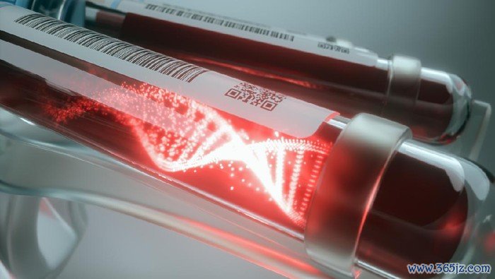 Blood cells, molecule of DNA forming inside the test tube. 3D illustration, conceptual image of science and technology.